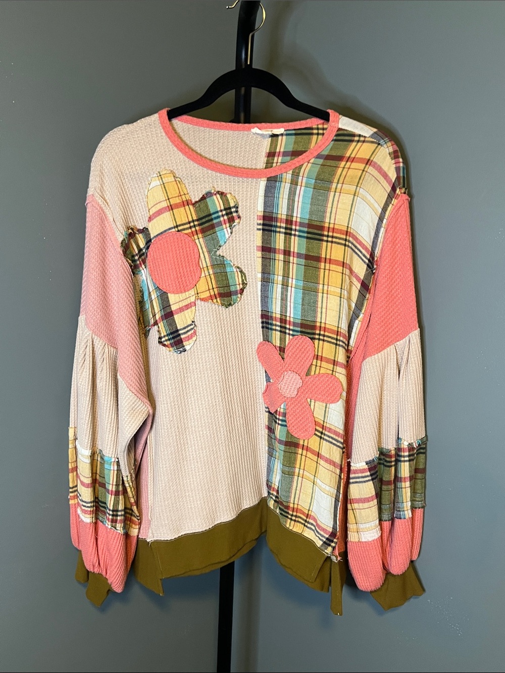 easel Oversized Pink & Olive Patchwork Floral Scoop Neck Sweater